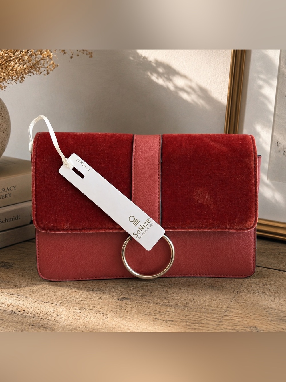 SONiize Norwegian Design Velvet Ring Clutch Crossbody Bag Coral Rust NWT